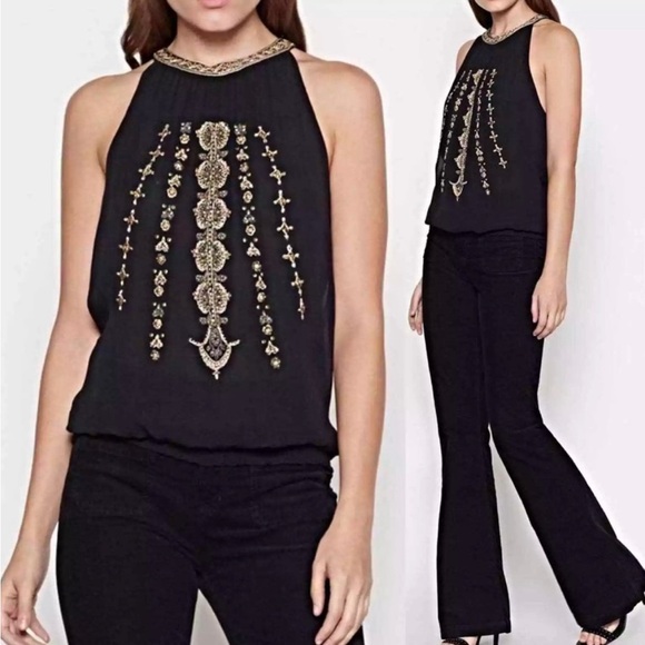 Joie Black Metallic Beaded Halter Blouson Top Sleeveless Boho Party - Picture 2 of 7